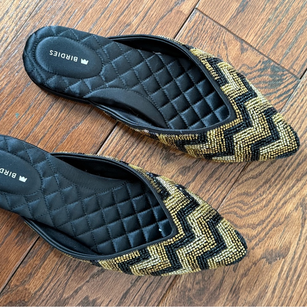 Birdies Black and Gold Quilted Mules